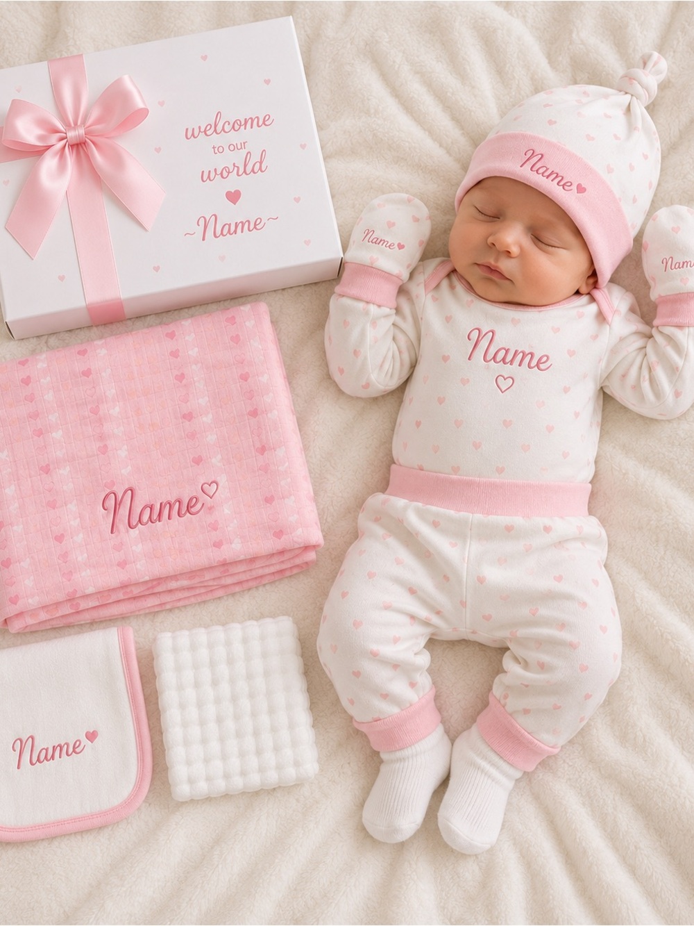 Personalized Baby Girls Pink Matching Set - Newborn Essentials